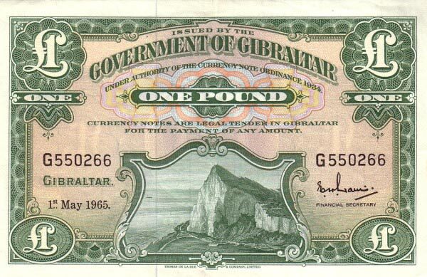 直布罗陀 Pick 18a 1965.5.1年版1 Pound 纸钞 