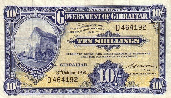 直布罗陀 Pick 17 1958.10.3年版10 Shillings 纸钞 