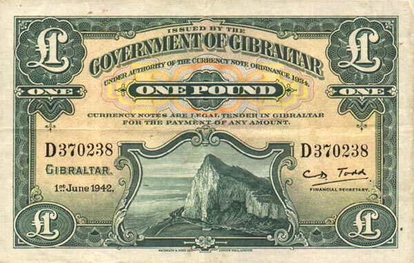 直布罗陀 Pick 15b 1942.6.1年版1 Pound 纸钞 