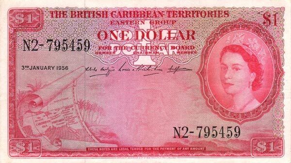 英属加勒比领地 Pick 07b 1956.1.3年版1 Dollar 纸钞 