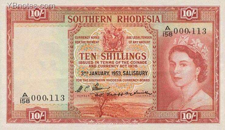 南罗得西亚 Pick 12 1953年版10 Shillings 纸钞 