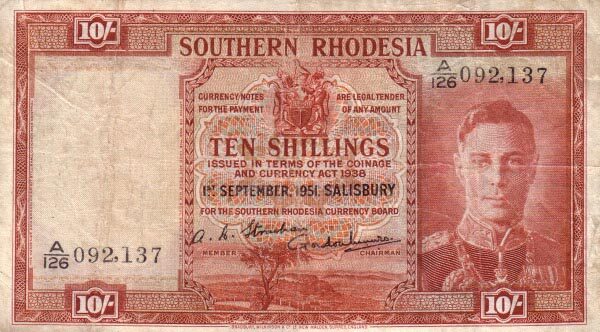南罗得西亚 Pick 09f 1951.9.1年版10 Shillings 纸钞 