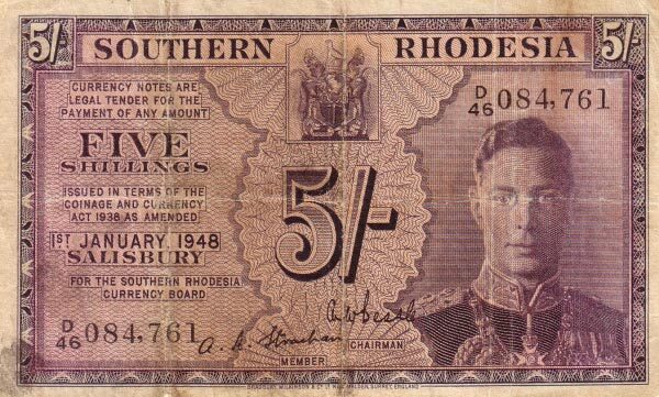南罗得西亚 Pick 08Ab 1948.1.1年版5 Shillings 纸钞 114x70
