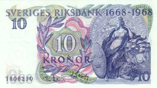 瑞典 Pick 56a 1968年版10 Kronor 纸钞 