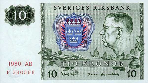 瑞典 Pick 52e 1980年版10 Kronor 纸钞 