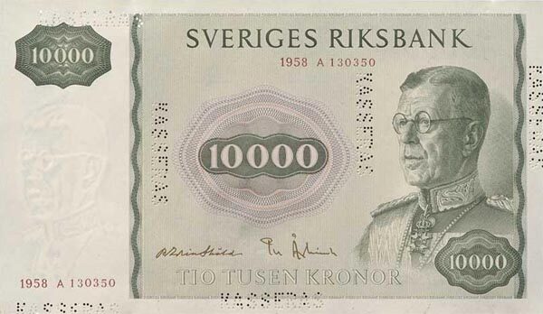 瑞典 Pick 49 1958年版10,000 Kronor 纸钞 