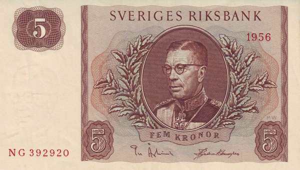 瑞典 Pick 42c 1956年版5 Kronor 纸钞 