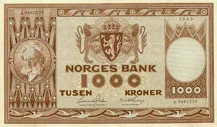 挪威 Pick 35a 1949年版1000 Kroner 纸钞 