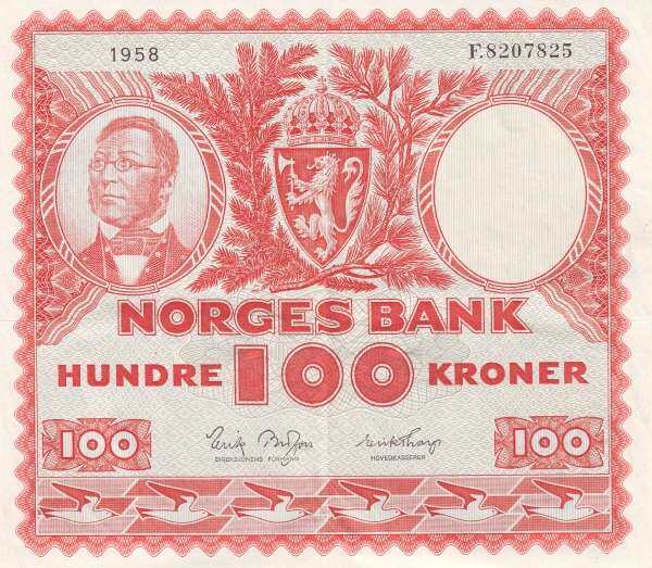 挪威 Pick 33b 1958年版100 Kroner 纸钞 