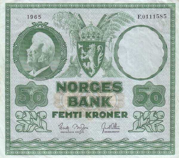 挪威 Pick 32c 1965年版50 Kroner 纸钞 