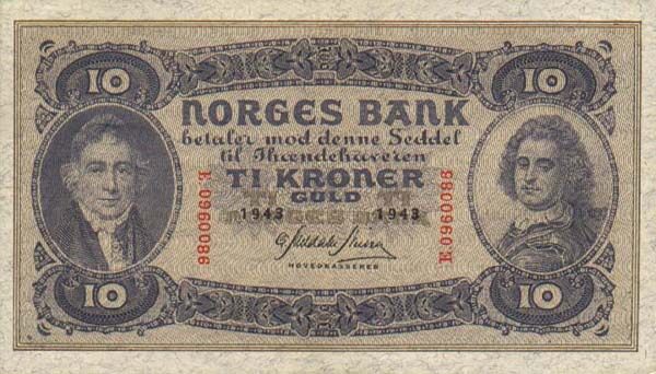 挪威 Pick 08c 1943年版10 Kroner 纸钞 