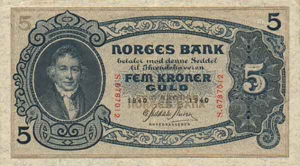 挪威 Pick 07c 1940年版5 Kroner 纸钞 