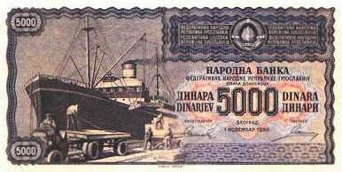 南斯拉夫 Pick 067N 1950.11.1年版5,000 Dinara 纸钞 
