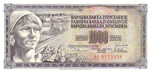 南斯拉夫 Pick 092a 1978.8.12年版1000 Dinara 纸钞 