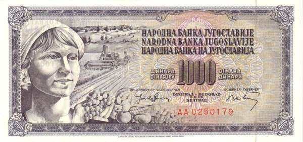 南斯拉夫 Pick 086 1974.12.19年版1000 Dinara 纸钞 