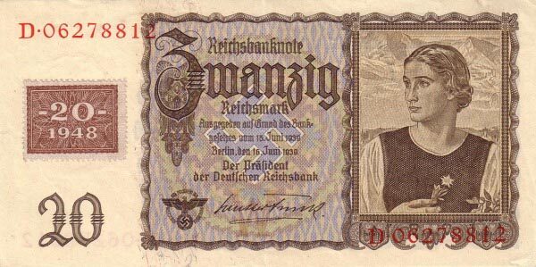 民主德国 Pick 05A 1948年版20 Deutsche Mark 纸钞 