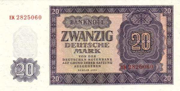 民主德国 Pick 19 1955年版20 Deutsche Mark 纸钞 