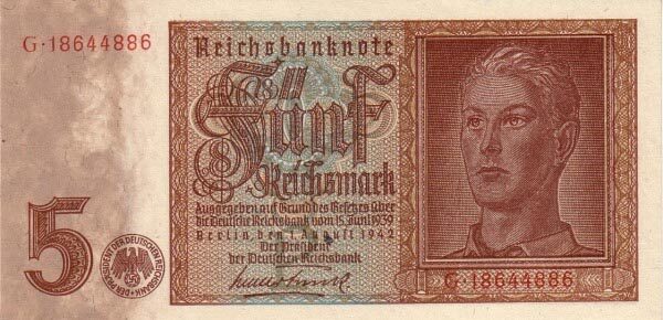 德国 Pick 186a 1942.8.1年版5 Reichsmark 纸钞 