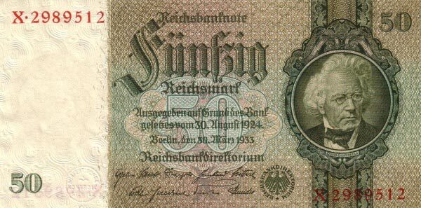 德国 Pick 182a 1933.3.30年版50 Reichsmark 纸钞 