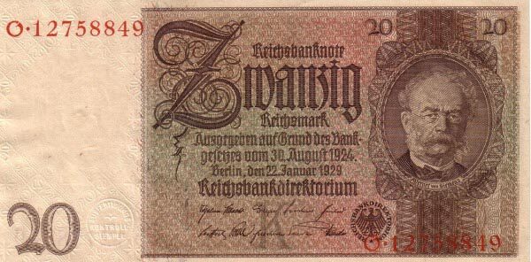 德国 Pick 181a 1929.1.22年版20 Reichsmark 纸钞 