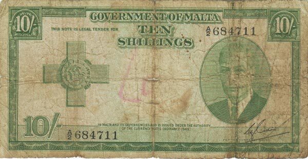 马耳他 Pick 21 L.1949年版10 Shillings 纸钞 