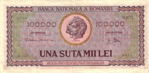 罗马尼亚 Pick 059 1947.1.25年版100,000 Lei 纸钞 