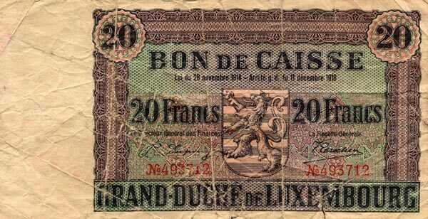 卢森堡 Pick 35 L.1914-18年版20 Francs 纸钞 