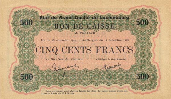 卢森堡 Pick 33a L.1914-18年版500 Francs 纸钞 