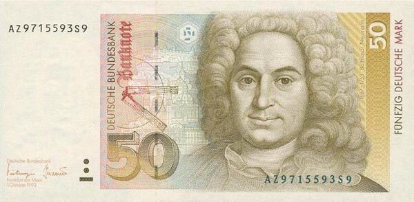 联邦德国 Pick 40c 1993.10.1年版50 Deutsche Mark 纸钞 146×71