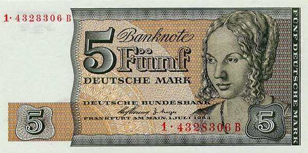 联邦德国 Pick 29A 1963.7.1年版5 Deutsche Mark 纸钞 