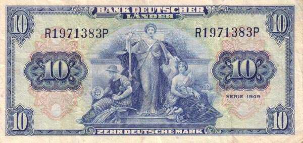 联邦德国 Pick 16a 1949.8.22年版10 Deutsche Mark 纸钞 141x67