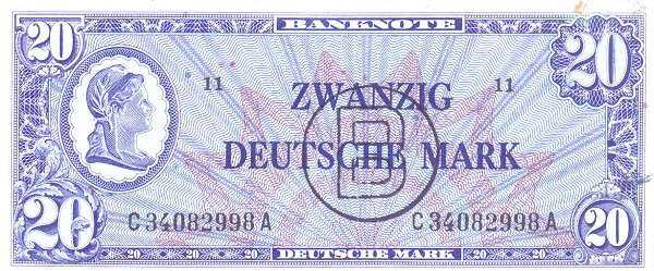 联邦德国 Pick 09b ND1948年版20 Deutsche Mark 纸钞 156x67