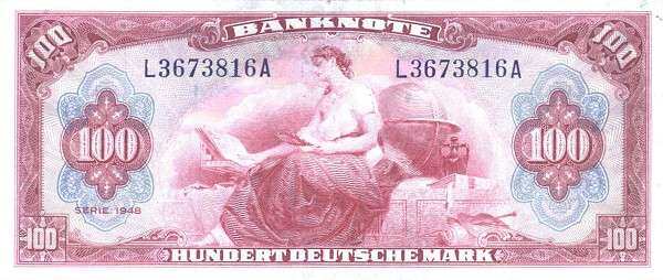 联邦德国 Pick 08a 1948年版100 Deutsche Mark 纸钞 156x67