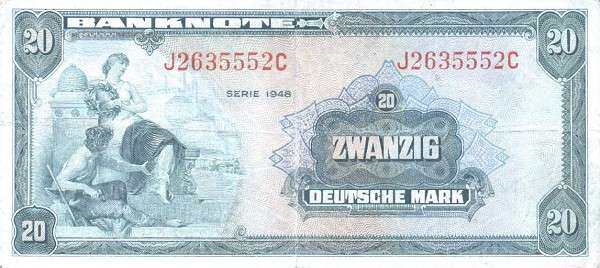 联邦德国 Pick 06 1948年版20 Deutsche Mark 纸钞 146x67