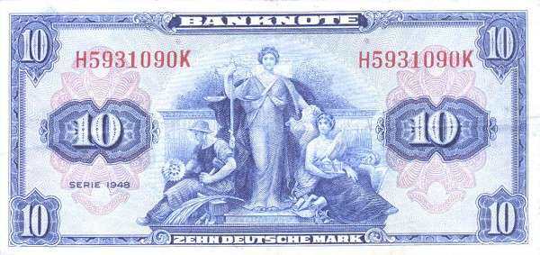 联邦德国 Pick 05 1948年版10 Deutsche Mark 纸钞 141x67