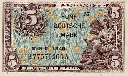 联邦德国 Pick 04a 1948年版5 Deutsche Mark 纸钞 112x67