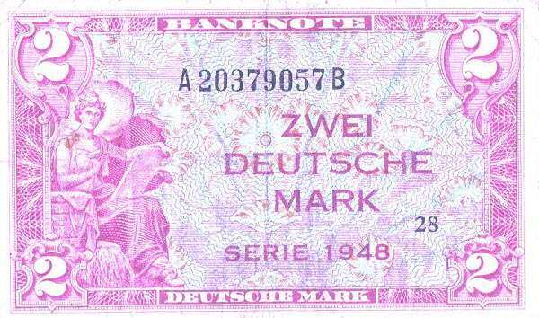 联邦德国 Pick 03 1948年版2 Deutsche Mark 纸钞 112x67