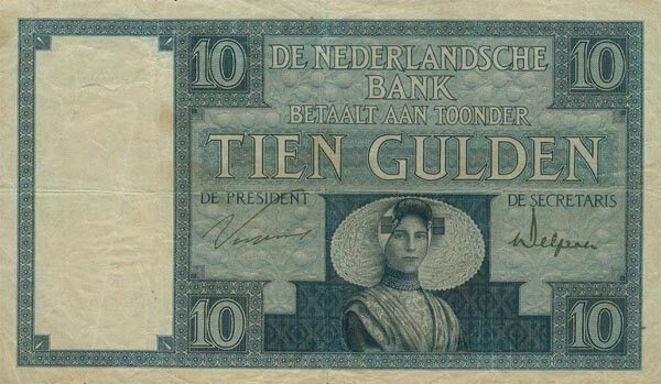 荷兰 Pick 043b 1928.3.17年版10 Gulden 纸钞 169x100