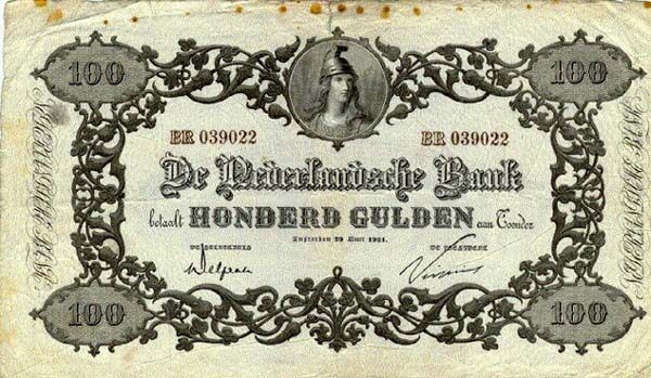 荷兰 Pick 024 1921.10.13年版100 Gulden 纸钞 