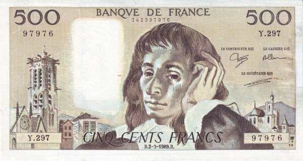 法国 Pick 156g 1990年版500 Francs 纸钞 182×97