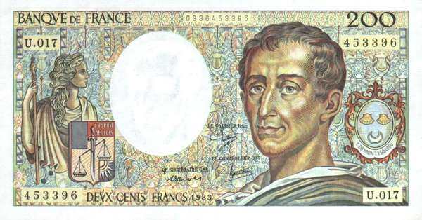 法国 Pick 155a 1983年版200 Francs 纸钞 172x91