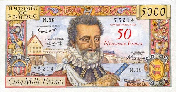 法国 Pick 139 1959.3.5年版50 Nouveaux Francs 纸钞 