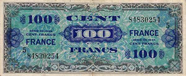 法国 Pick 123c 1944年版100 Francs 纸钞 