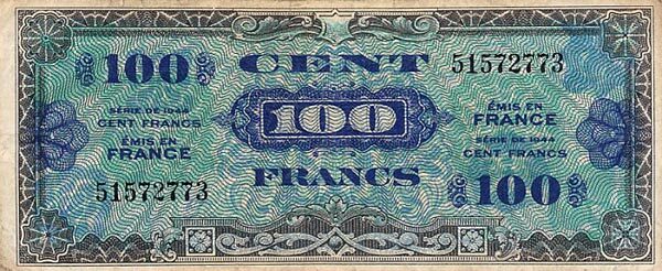 法国 Pick 118 1944年版100 Francs 纸钞 