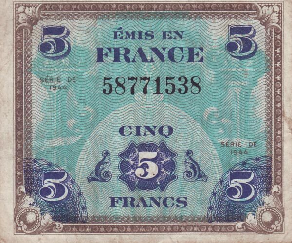 法国 Pick 115a 1944年版5 Francs 纸钞 