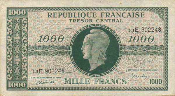 法国 Pick 107 ND1944年版1000 Francs 纸钞 