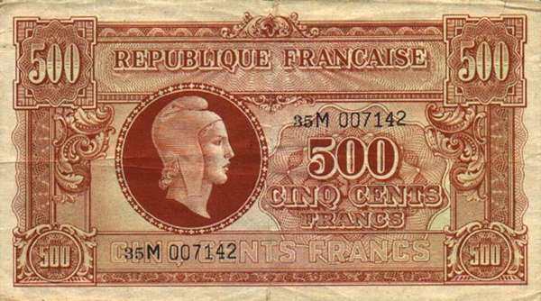 法国 Pick 106 ND1944年版500 Francs 纸钞 