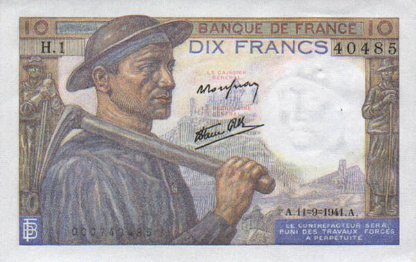 法国 Pick 099a 1941.9.11年版10 Francs 纸钞 