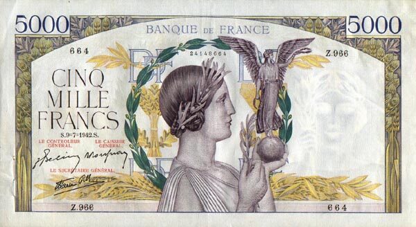 法国 Pick 097c 1942.7.9年版5000 Francs 纸钞 