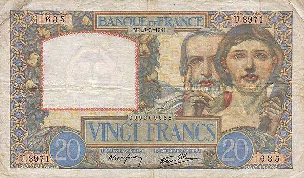 法国 Pick 092b 1941.5.8年版20 Francs 纸钞 